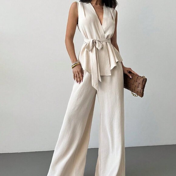 Pants - Apricot Elegant Women's Surplice Sleeveless Belted Blouse & Wide leg Pant Set